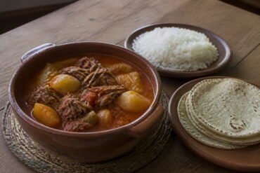 Guatemalan hilachas with shredded beef and potatoes beside rice and tortillas.