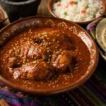 Guatemalan pepián de pollo in a rich roasted chile and seed sauce with rice and corn tortillas.