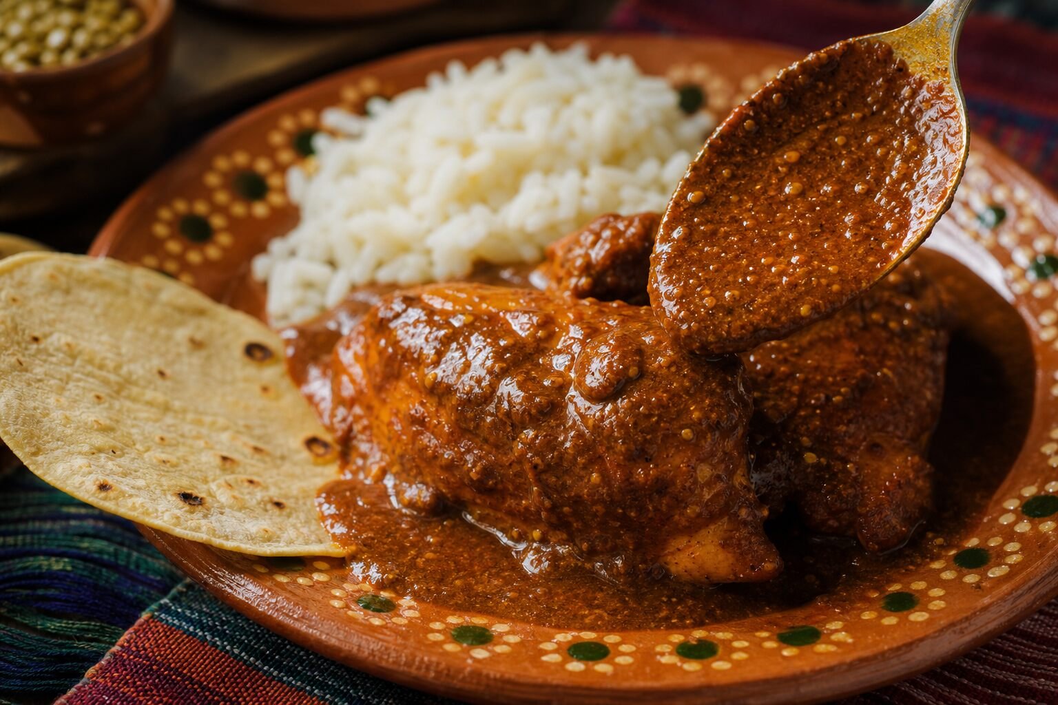 Tender chicken coated in thick Guatemalan pepián sauce beside rice and a corn tortilla.