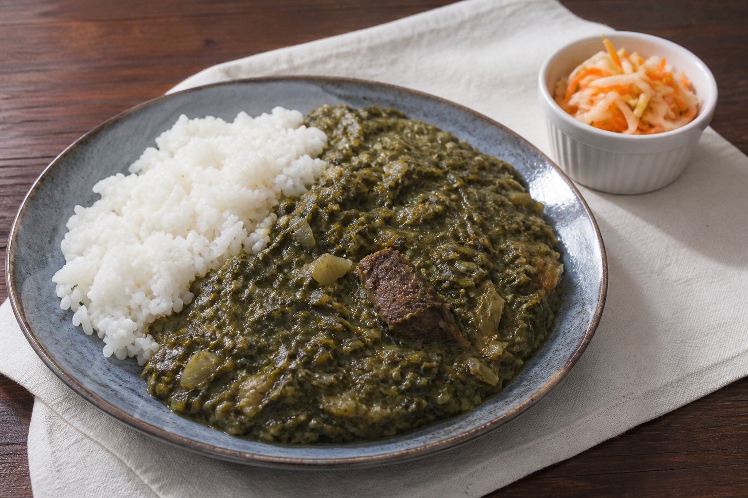 Haitian legim vegetable stew with beef, served beside white rice and pikliz.