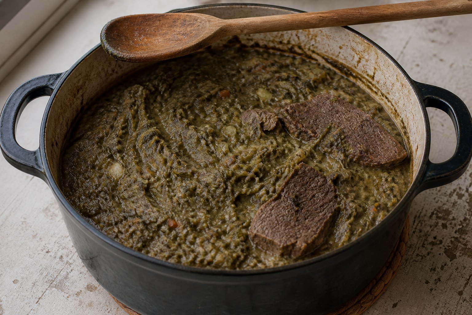 Thick Haitian legim with braised beef in a Dutch oven.