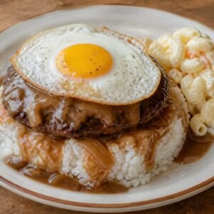 Hawaiian loco moco with rice, beef patty, onion gravy, fried egg, and macaroni salad.