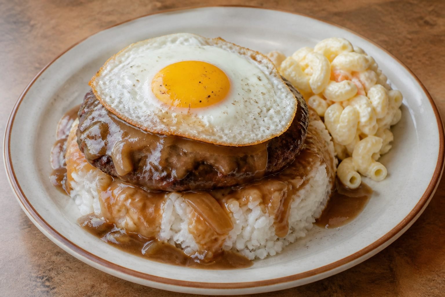 Hawaiian loco moco with rice, beef patty, onion gravy, fried egg, and macaroni salad.