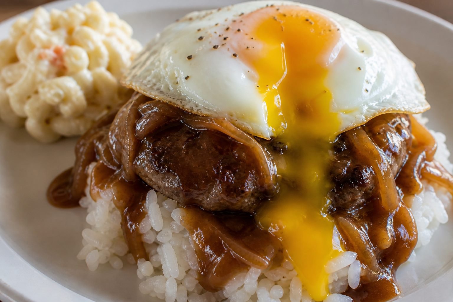 Close serving view of runny egg yolk and onion gravy over a loco moco beef patty and rice.
