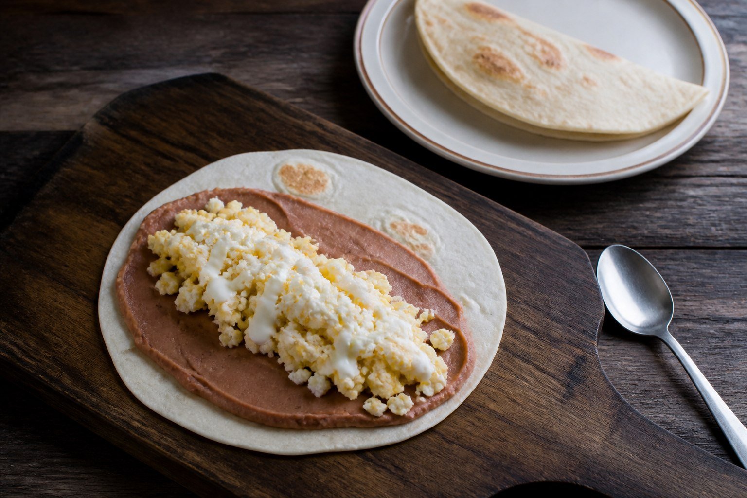 A Honduran baleada being assembled with beans, egg, cheese, and crema.