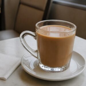 Hot Hong Kong yuanyang coffee milk tea in a clear glass mug and saucer.