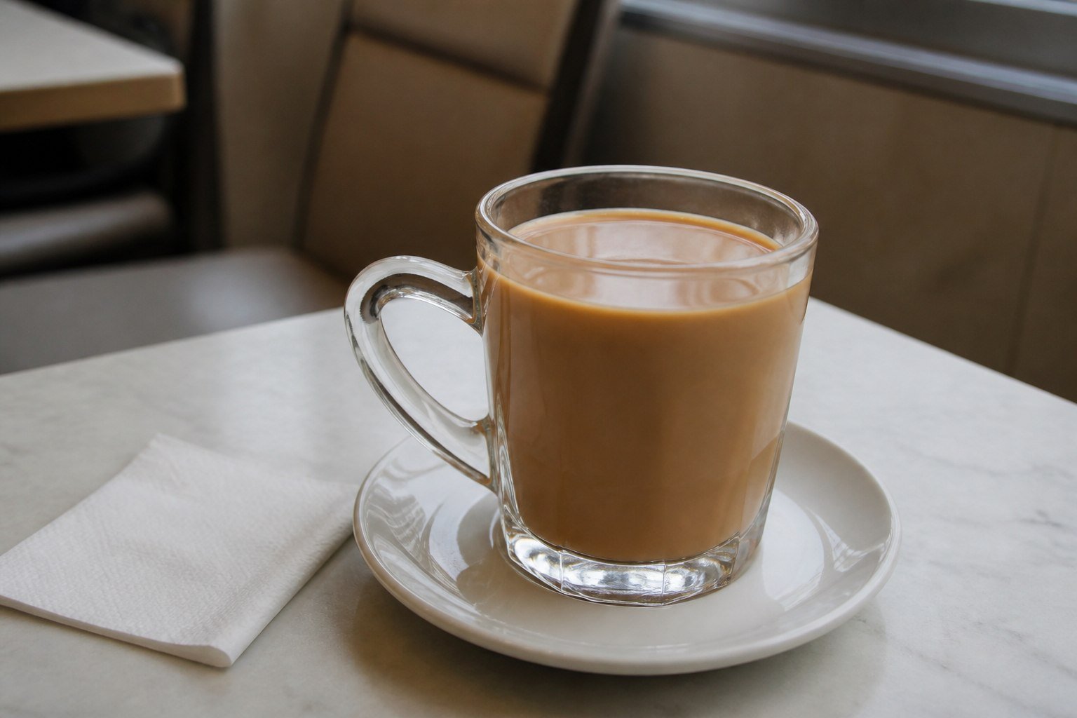 Hot Hong Kong yuanyang coffee milk tea in a clear glass mug and saucer.