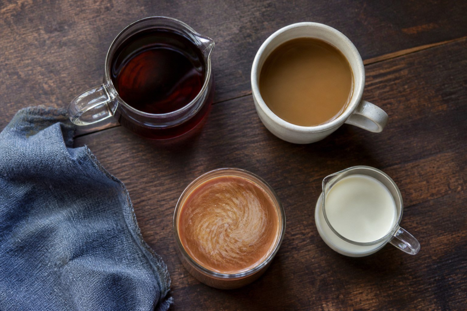 Black tea, coffee, evaporated milk, and finished yuanyang arranged for mixing.