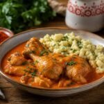 Hungarian chicken paprikash in paprika sauce served with dumplings.