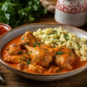 Hungarian chicken paprikash in paprika sauce served with dumplings.