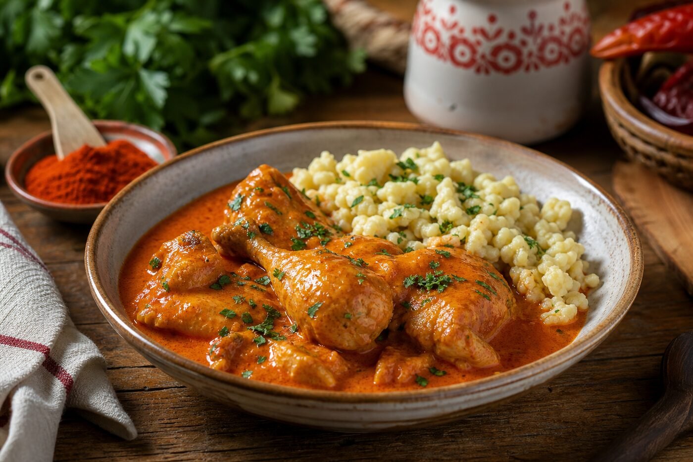 Hungarian chicken paprikash in paprika sauce served with dumplings.