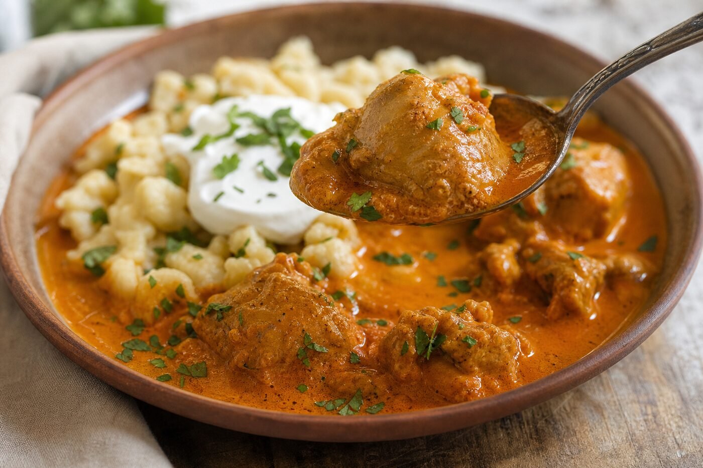 Tender chicken and paprika sauce spooned over Hungarian dumplings.