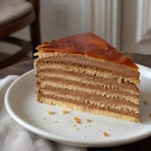 Slice of Hungarian Dobos torte with golden sponge, chocolate buttercream, and caramel top.