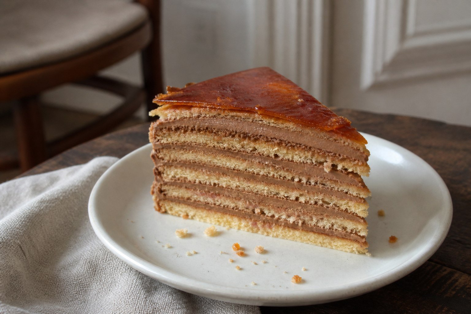 Slice of Hungarian Dobos torte with golden sponge, chocolate buttercream, and caramel top.