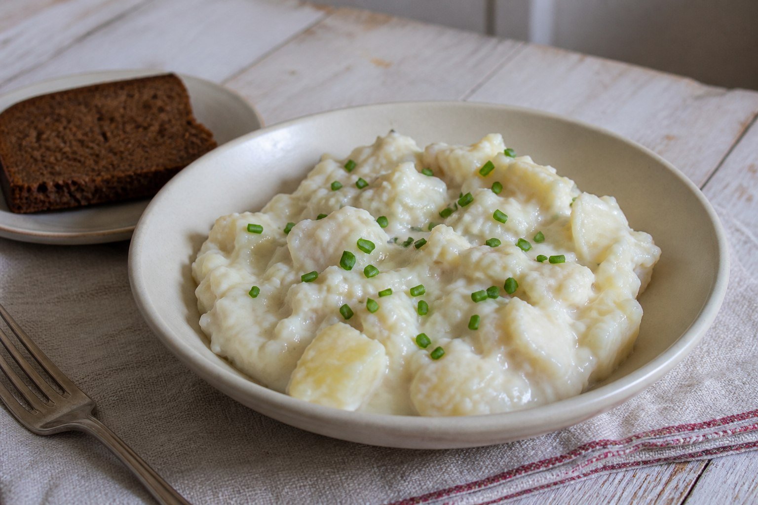 Creamy Icelandic plokkfiskur with cod, potatoes, chives, and rye bread.
