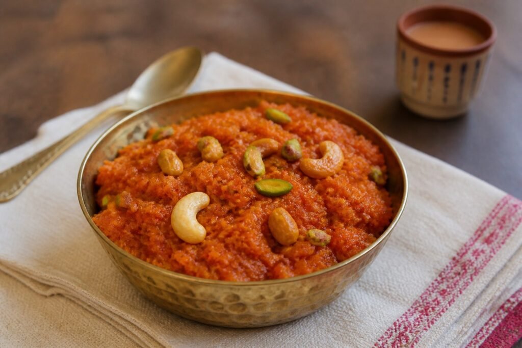 Indian gajar ka halwa carrot pudding with cashews and pistachios in a brass bowl.