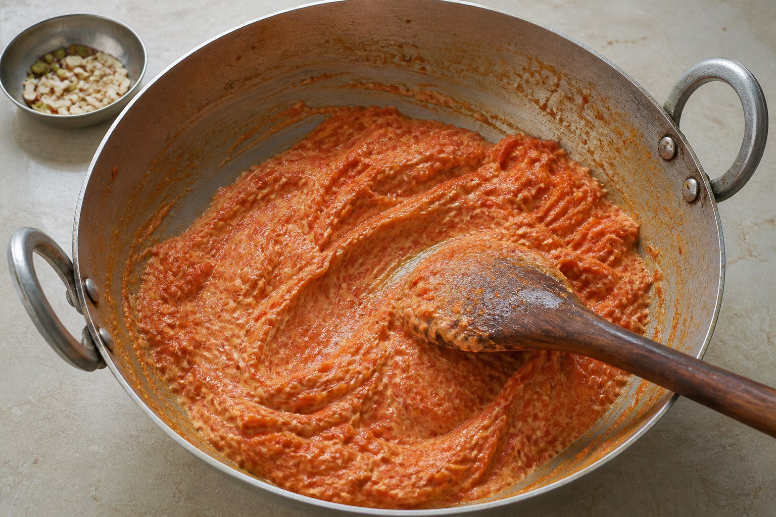 Gajar ka halwa cooking in a steel kadai with broad spoon tracks and chopped nuts nearby.
