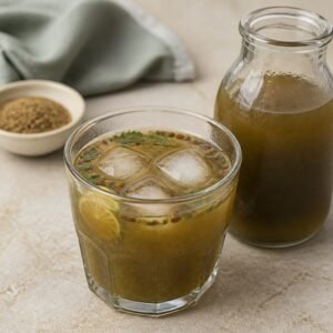 Indian jaljeera with cumin, mint, tamarind, lemon, ice, and a few pieces of boondi.