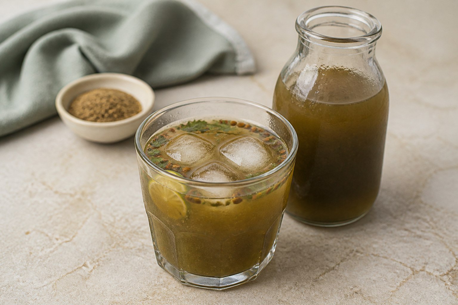 Indian jaljeera with cumin, mint, tamarind, lemon, ice, and a few pieces of boondi.
