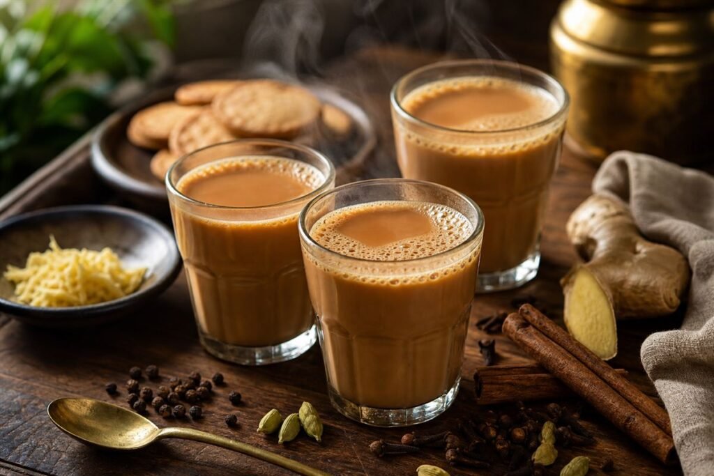 Steaming Indian masala chai in glass cups with cardamom, cinnamon, ginger, and cloves.