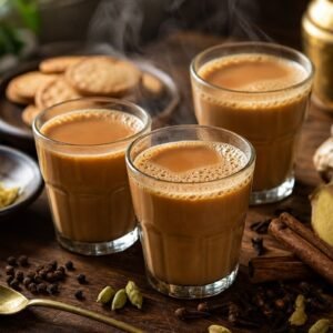 Steaming Indian masala chai in glass cups with cardamom, cinnamon, ginger, and cloves.