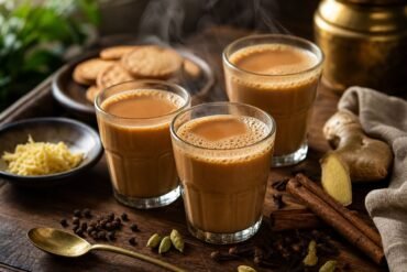 Steaming Indian masala chai in glass cups with cardamom, cinnamon, ginger, and cloves.