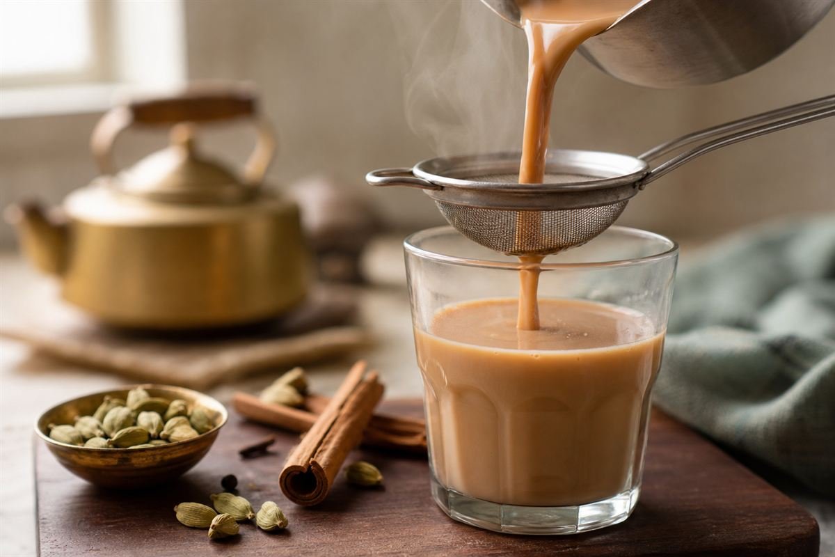 Hot Indian masala chai being poured through a strainer into a glass cup.