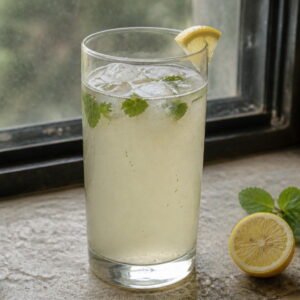 A chilled glass of Indian nimbu pani with lemon and mint.