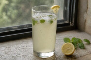 A chilled glass of Indian nimbu pani with lemon and mint.