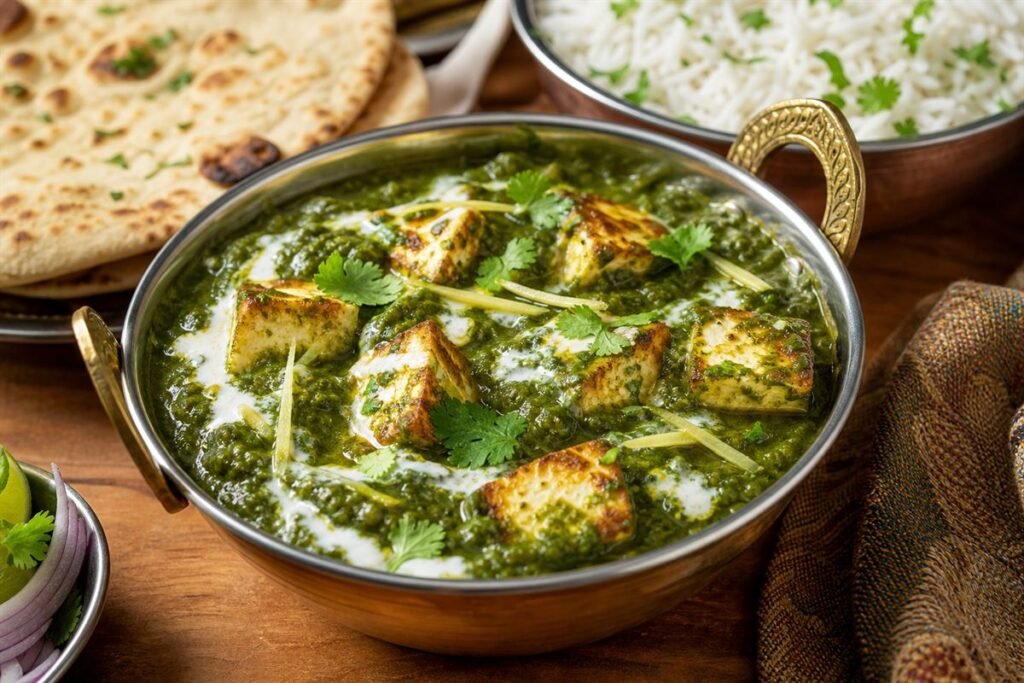 Indian palak paneer with golden paneer cubes, naan, and basmati rice.
