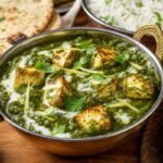 Indian palak paneer with golden paneer cubes, naan, and basmati rice.