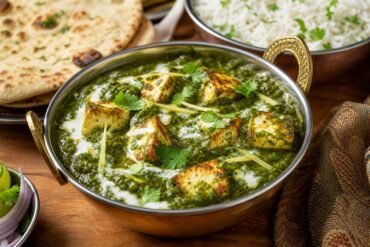 Indian palak paneer with golden paneer cubes, naan, and basmati rice.