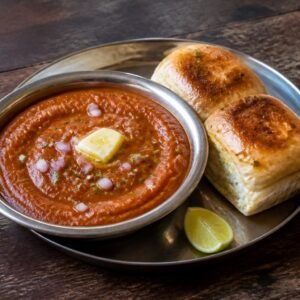 Mumbai pav bhaji with butter-toasted rolls, onion, cilantro, and lime.