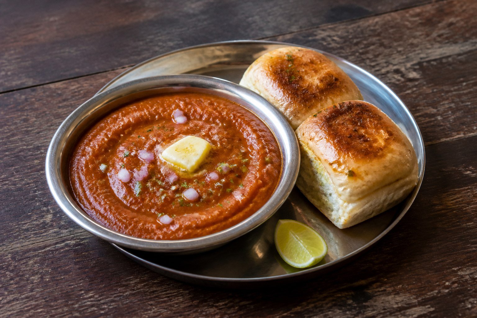 Mumbai pav bhaji with butter-toasted rolls, onion, cilantro, and lime.