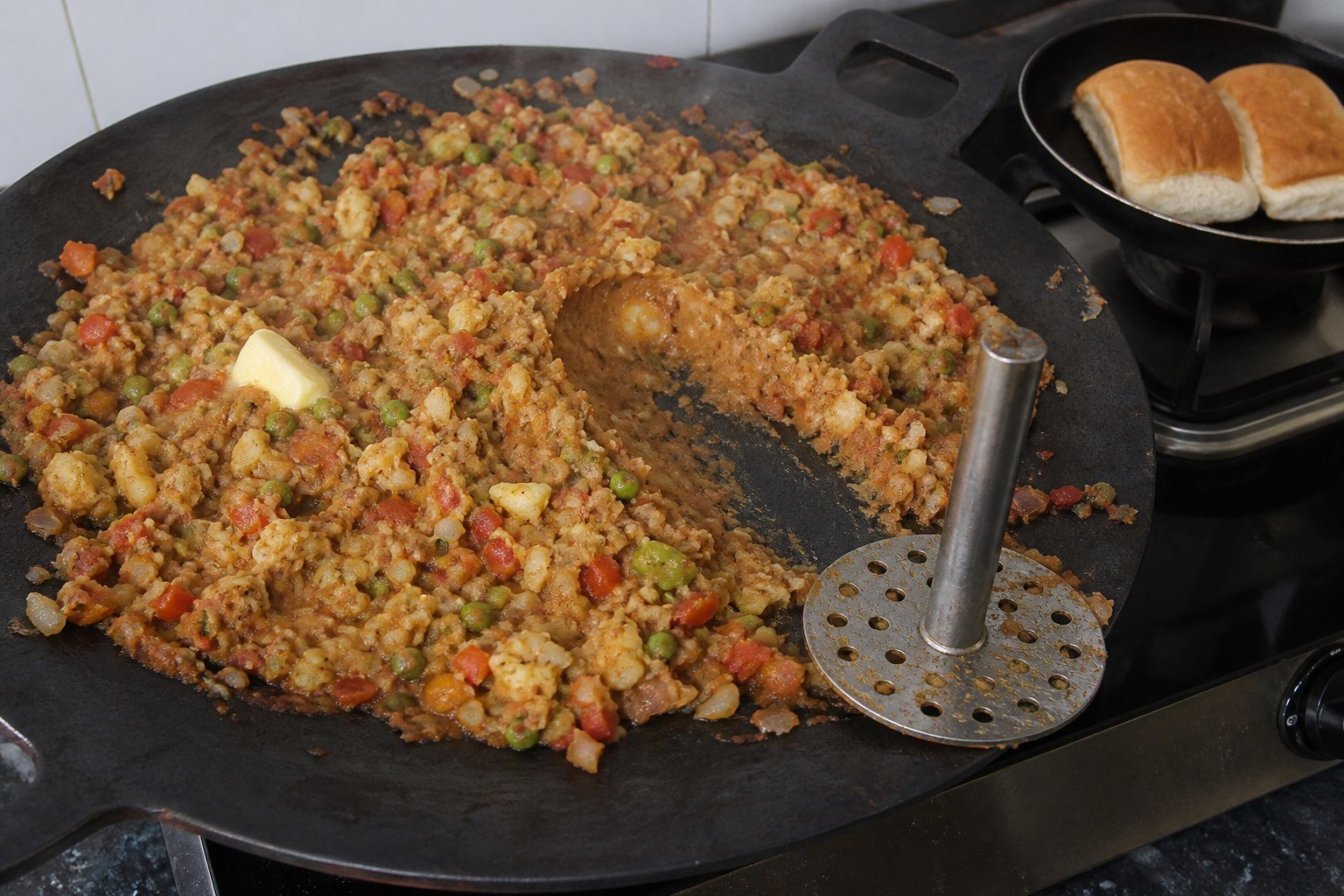 Vegetables being mashed on a tawa while pav rolls toast for pav bhaji.