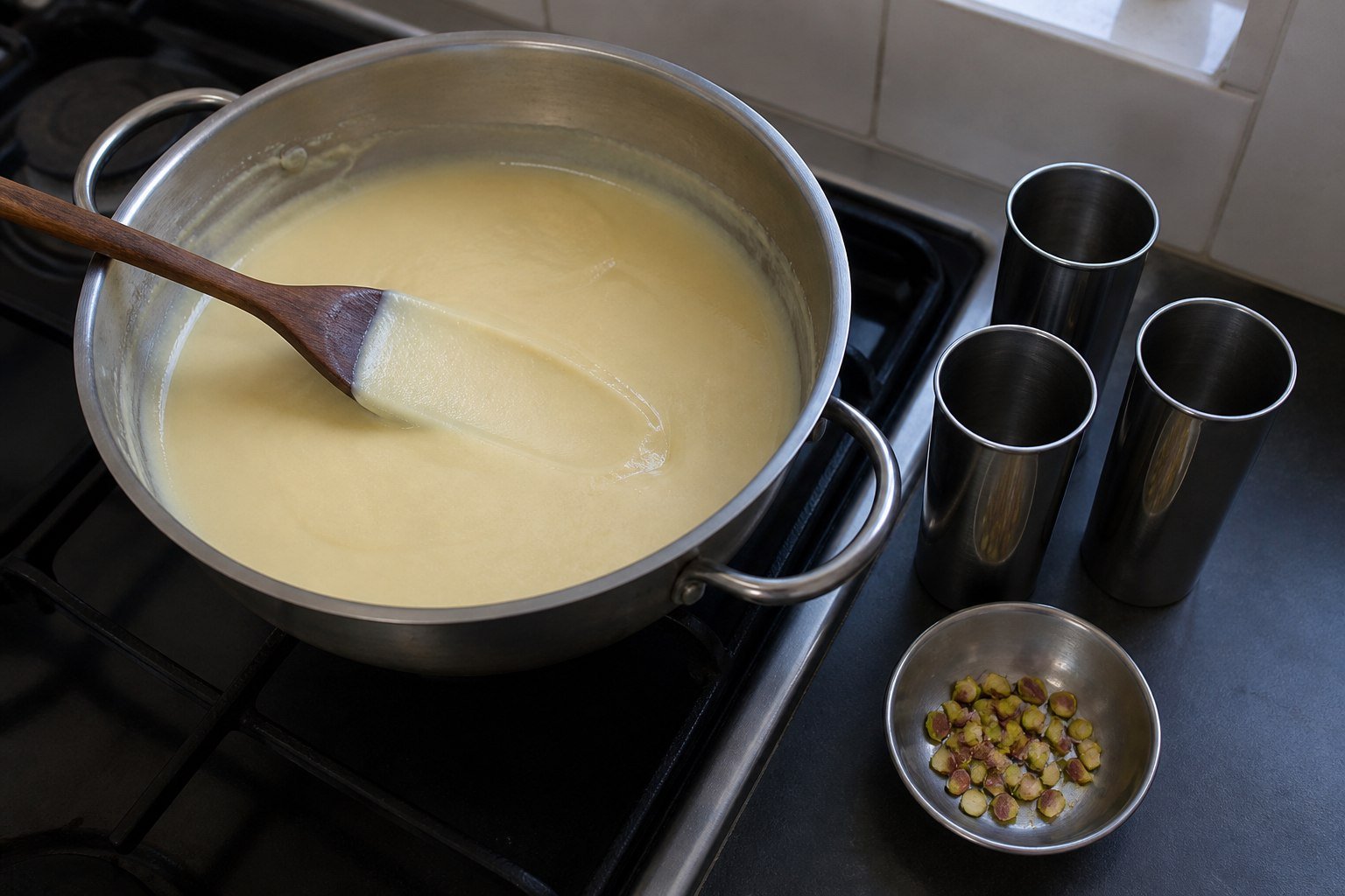 Reduced saffron milk beside kulfi molds and chopped pistachios.