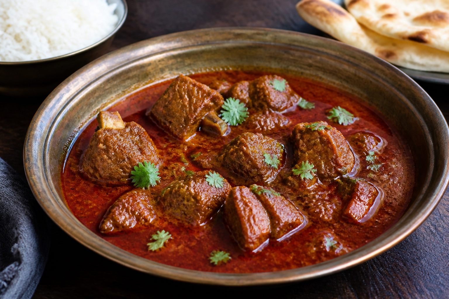 Indian rogan josh with tender lamb in a deep red aromatic gravy.
