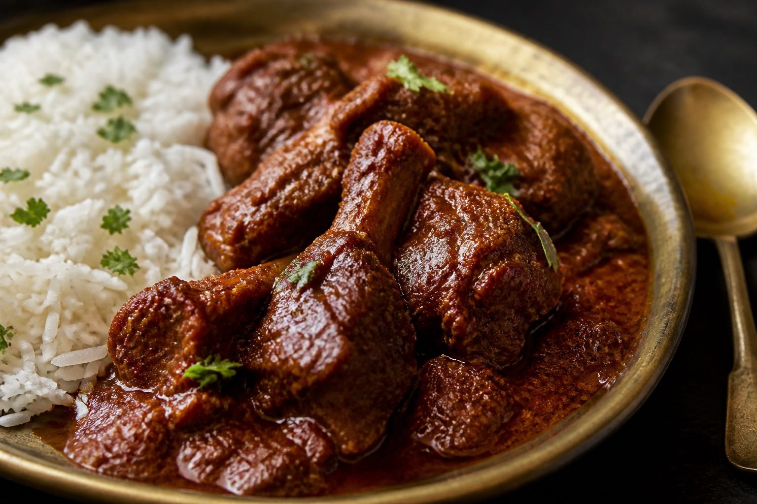 Close serving view of lamb rogan josh beside basmati rice.