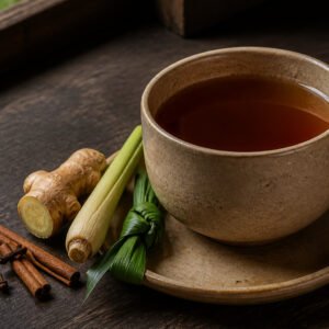 Indonesian bandrek ginger drink with lemongrass, pandan, cinnamon, and cloves.