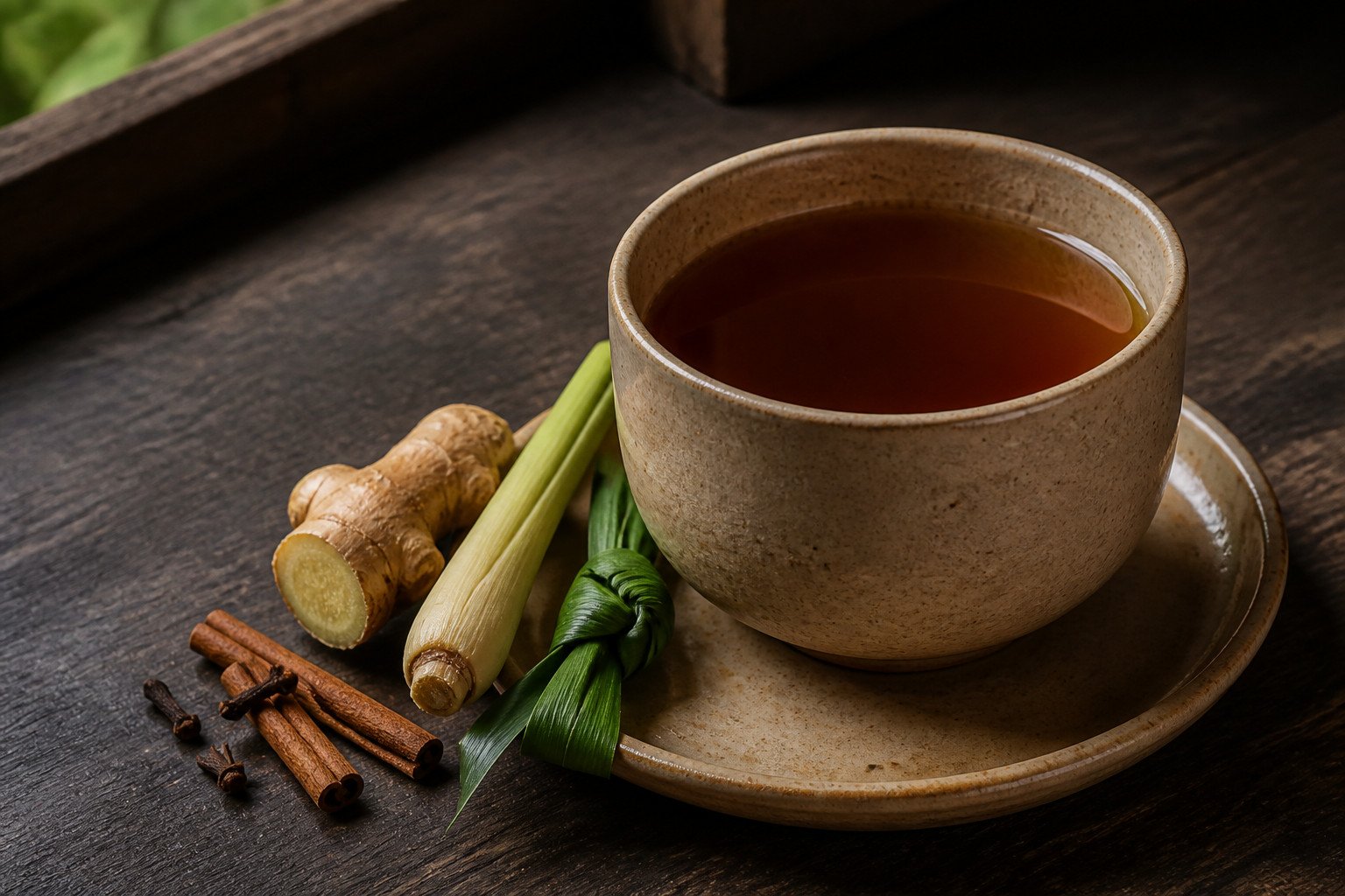 Indonesian bandrek ginger drink with lemongrass, pandan, cinnamon, and cloves.