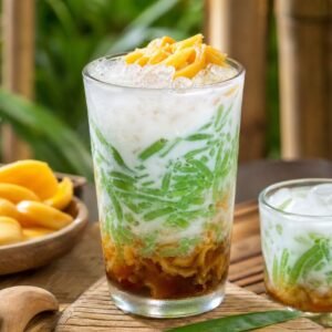 Indonesian Es Cendol with green pandan jelly, coconut milk, palm sugar, ice, and jackfruit.