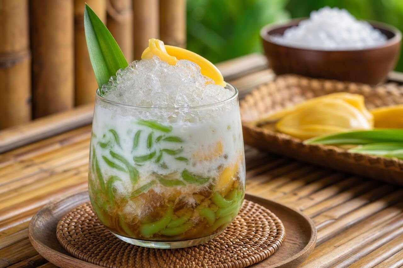 A close serving of chilled Indonesian Es Cendol with pandan jelly, coconut milk, palm sugar, and ice.