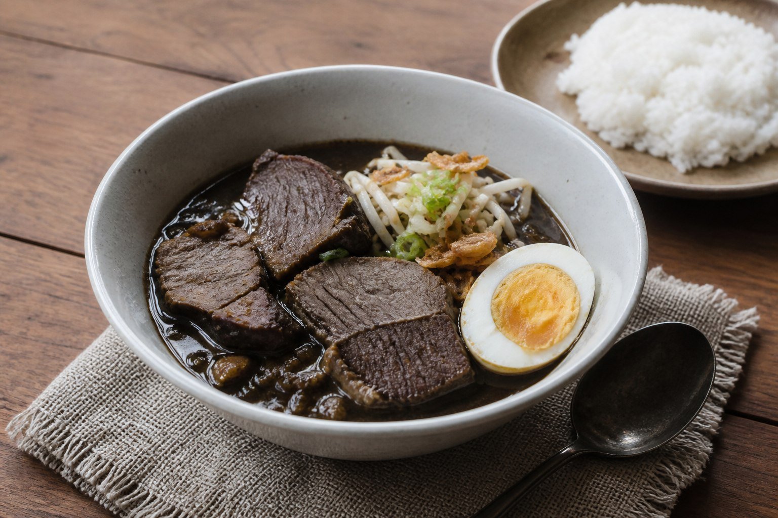 Indonesian rawon with dark keluak beef broth, rice, bean sprouts, salted egg, and fried shallots.