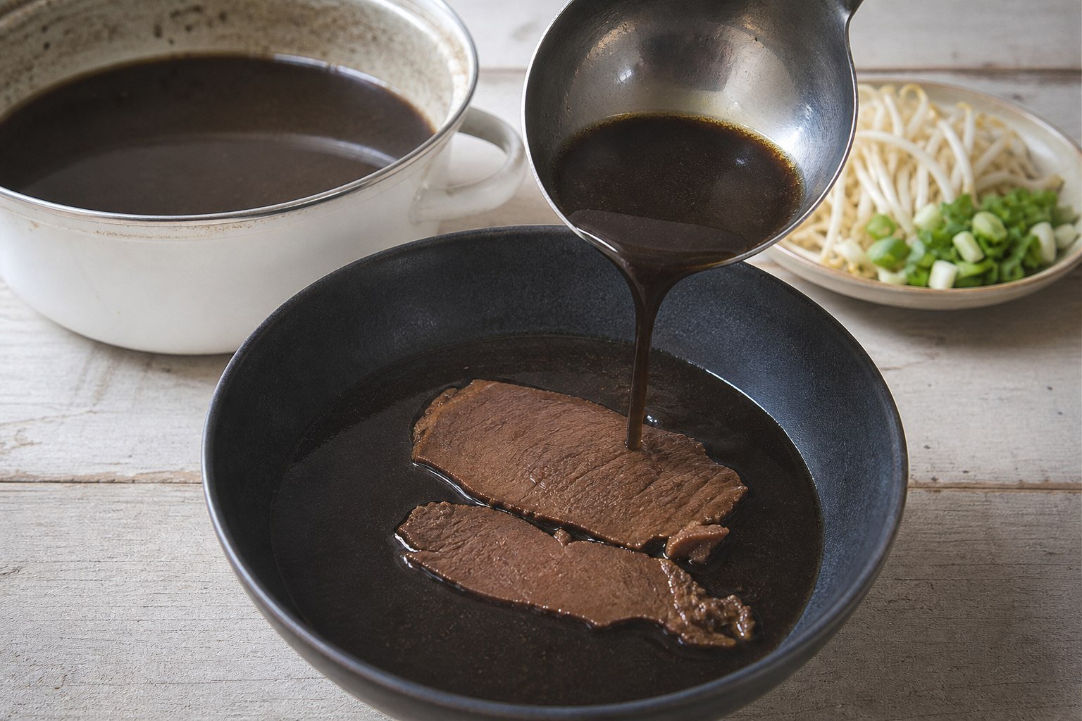 Dark rawon broth being ladled over natural slices of braised beef with bean sprouts nearby.