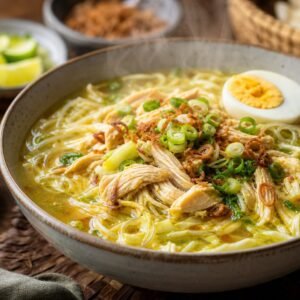 Indonesian soto ayam with golden turmeric broth, chicken, noodles, egg, and herbs.