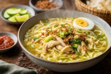 Indonesian soto ayam with golden turmeric broth, chicken, noodles, egg, and herbs.