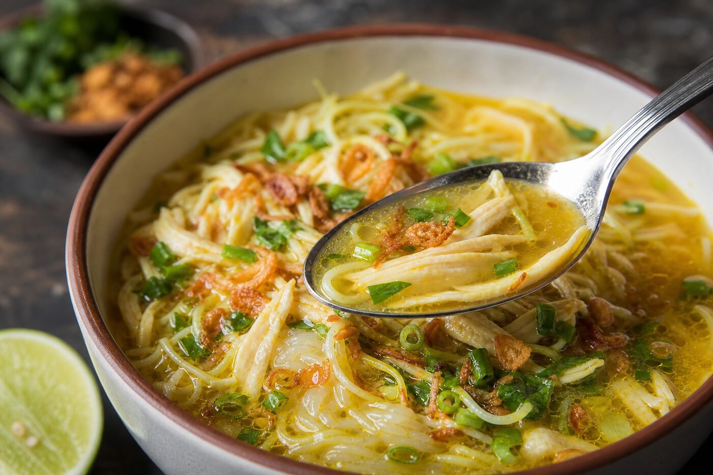 A spoon lifting Indonesian soto ayam with chicken, noodles, scallions, and fried shallots.
