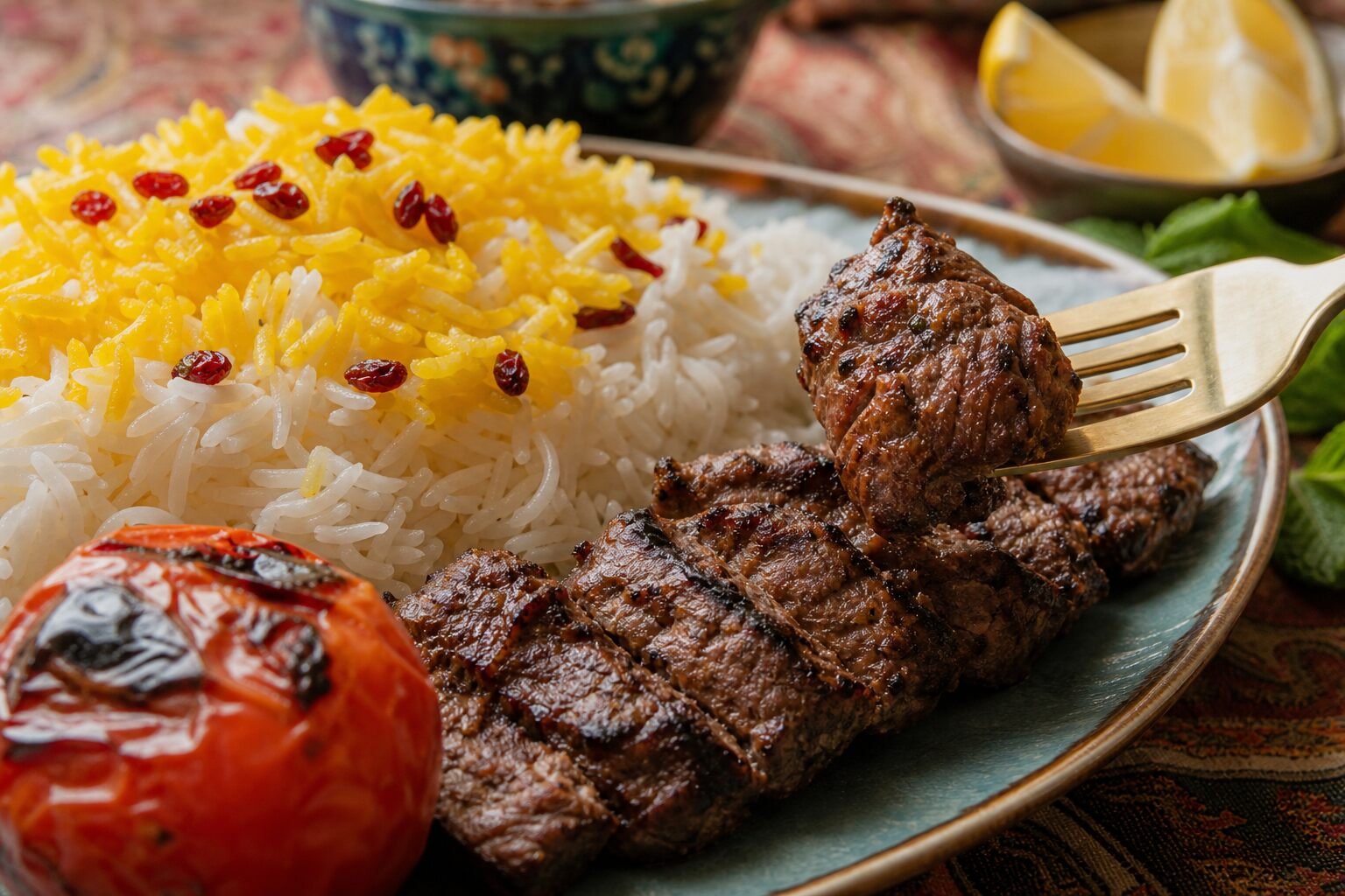 A close serving of charred Iranian kebab beside fluffy saffron rice and grilled tomato.