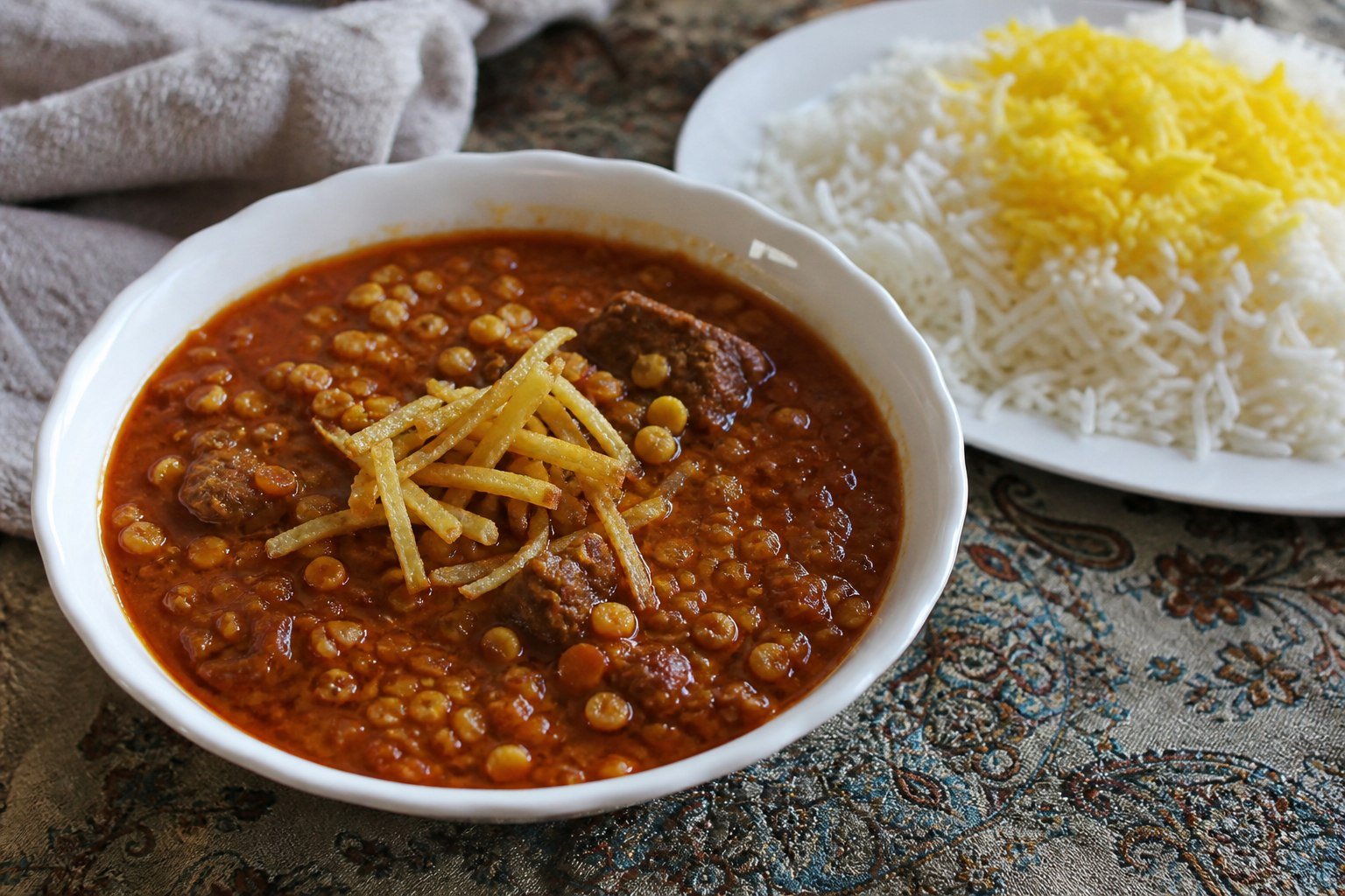 Iranian gheymeh stew with lamb, split peas, fried potatoes, and Persian rice.