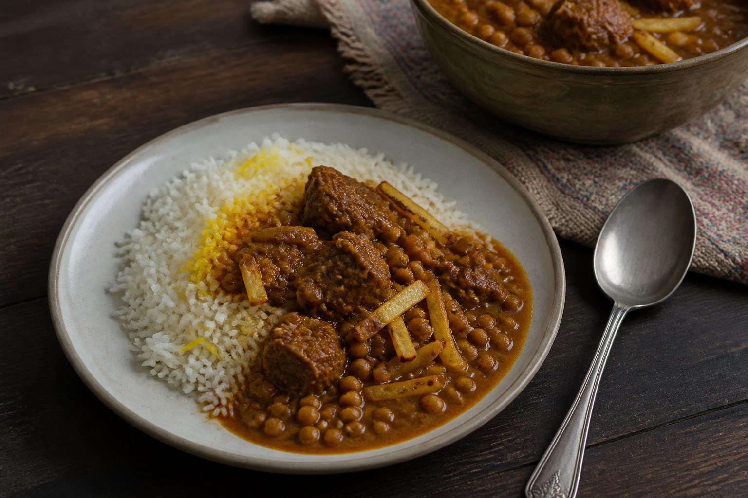 A plate of Persian rice with gheymeh, lamb, split peas, and potato matchsticks.
